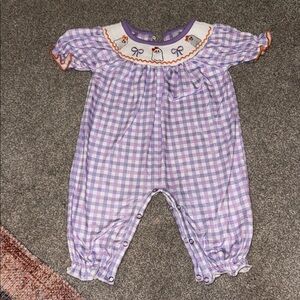 Smocked Ghosts Purple Gingham Romper